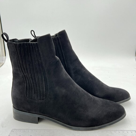 Black Suede Retro Elastic Low Chunky Block Heel Pointed Toe Chelsea Ankle Boots - Picture 3 of 6